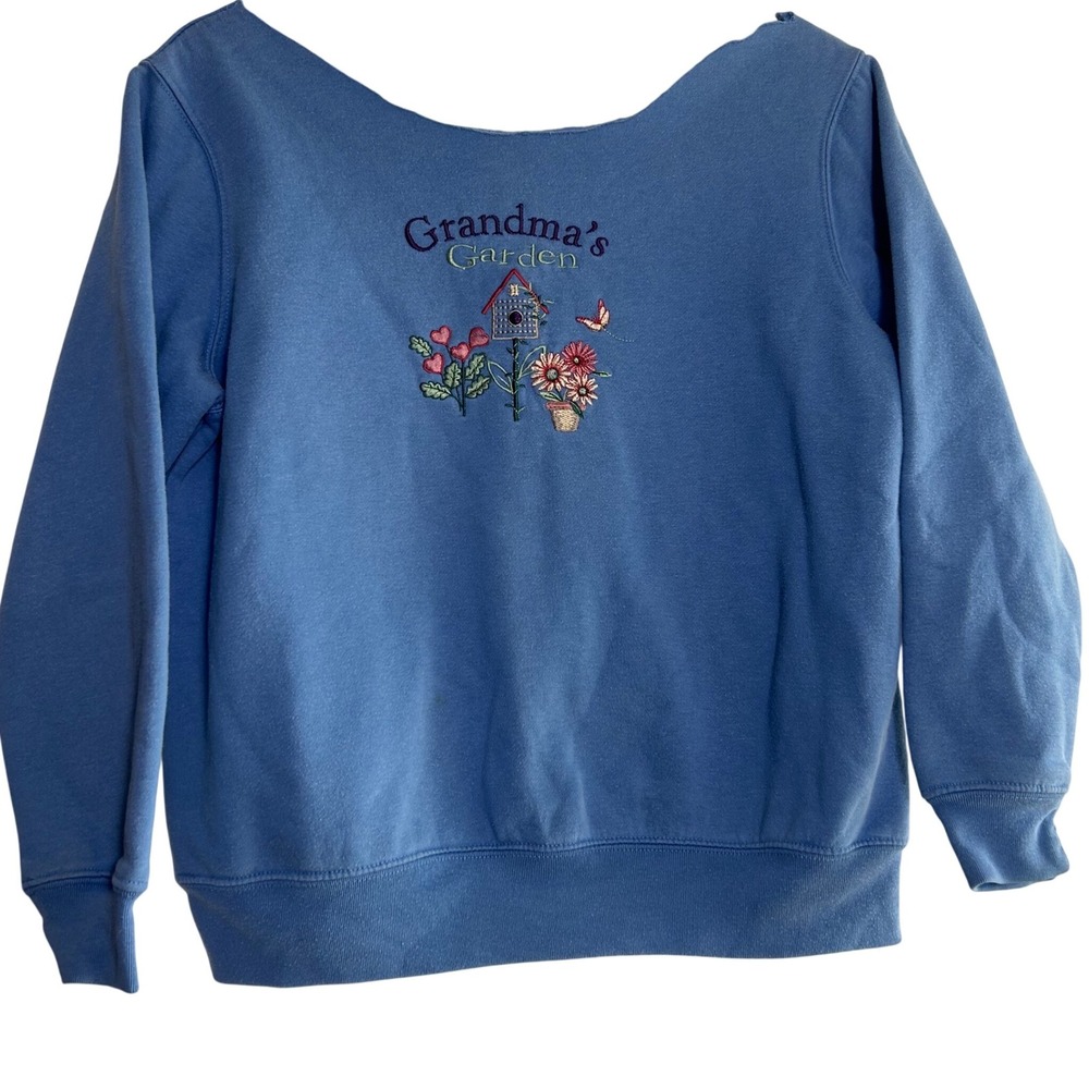 Vintage 90s Grandmas Garden Sweatshirt Blue‎ Embroidered Off Shoulder